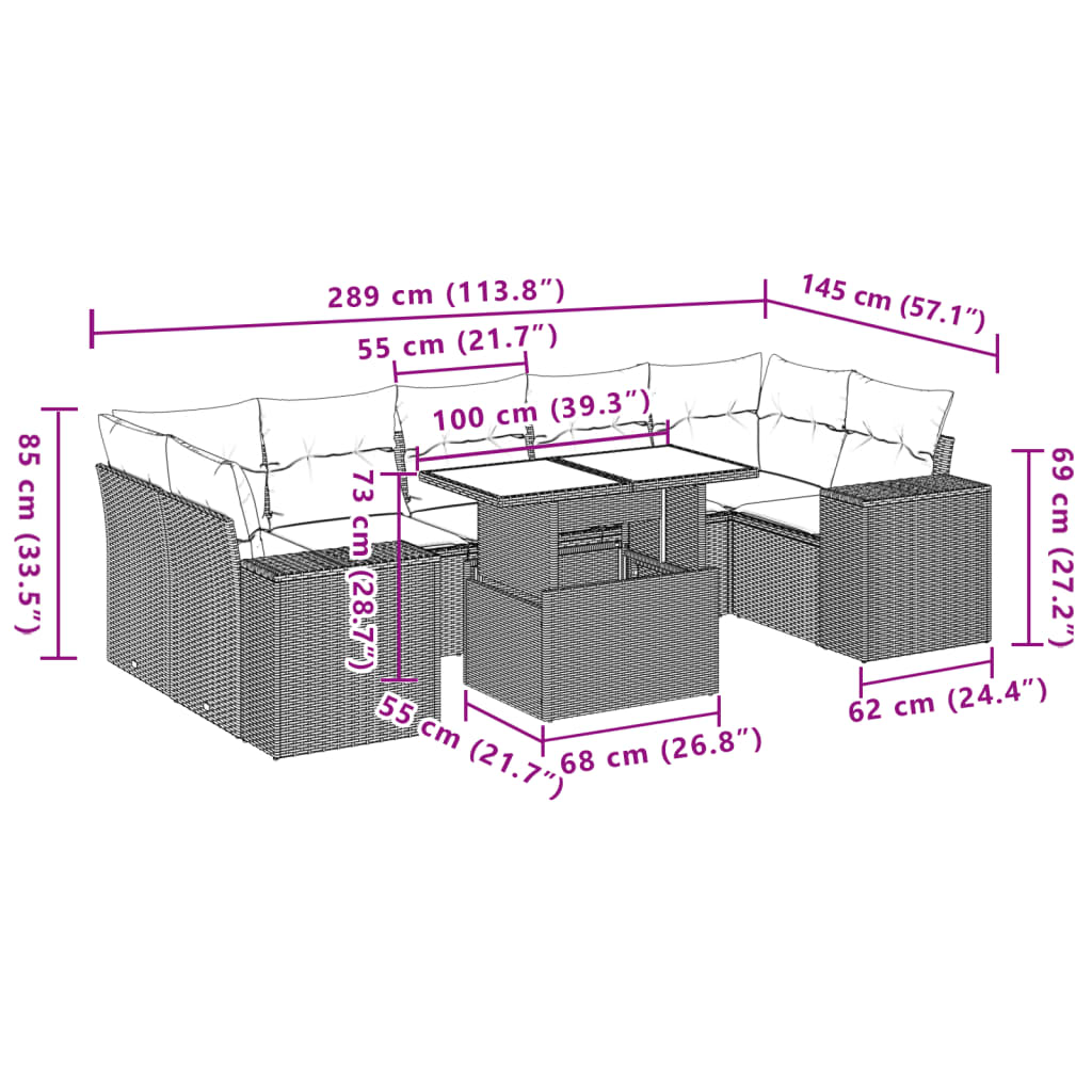 Set Divani da Giardino 8 pz con Cuscini Marrone in Polyrattan | homemem39