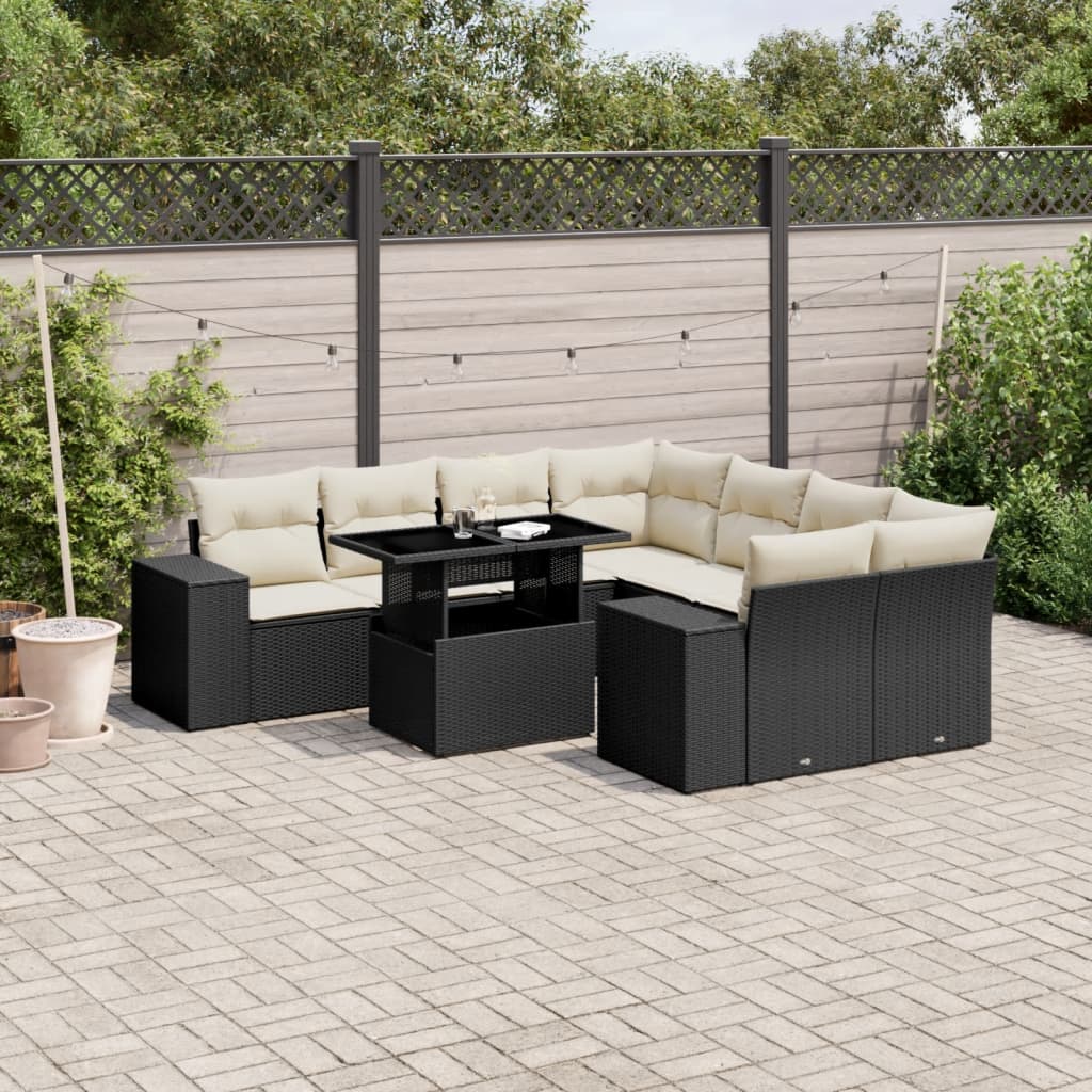 Set Divani da Giardino 9 pz con Cuscini Nero in Polyrattan | homemem39