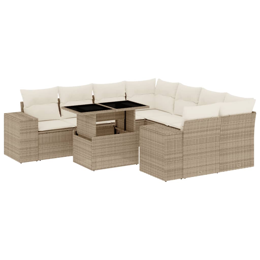 Set Divano da Giardino 9 pz con Cuscini Beige in Polyrattan