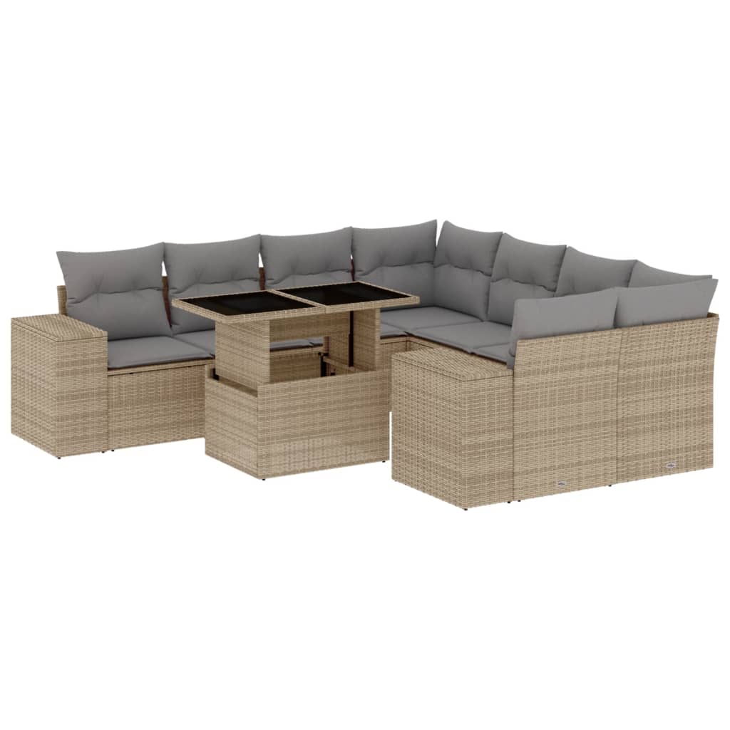 Set Divano da Giardino 9 pz con Cuscini Beige in Polyrattan