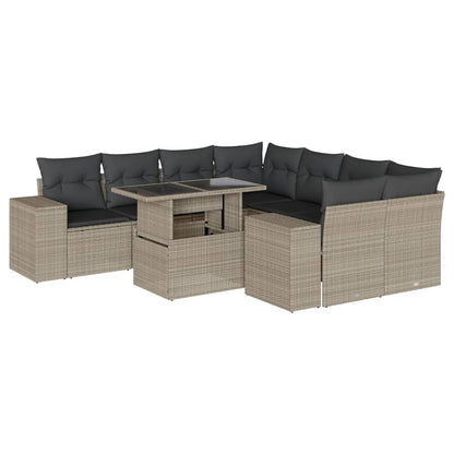 Set Divano da Giardino 9pz con Cuscini grigio chiaro Polyrattan