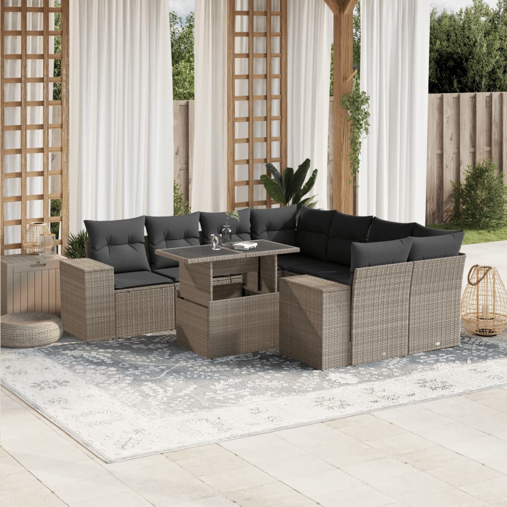 Set Divano da Giardino 9pz con Cuscini Grigio Chiaro Polyrattan | homemem39