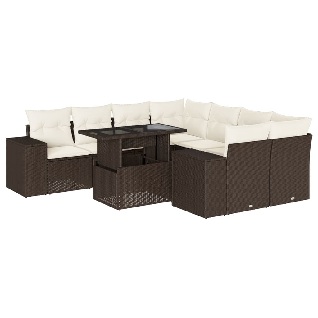 Set Divani da Giardino 9pz con Cuscini Marrone in Polyrattan