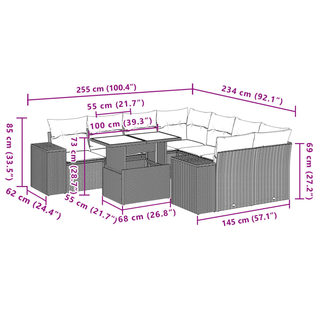 Set Divani da Giardino 9pz con Cuscini Marrone in Polyrattan | homemem39