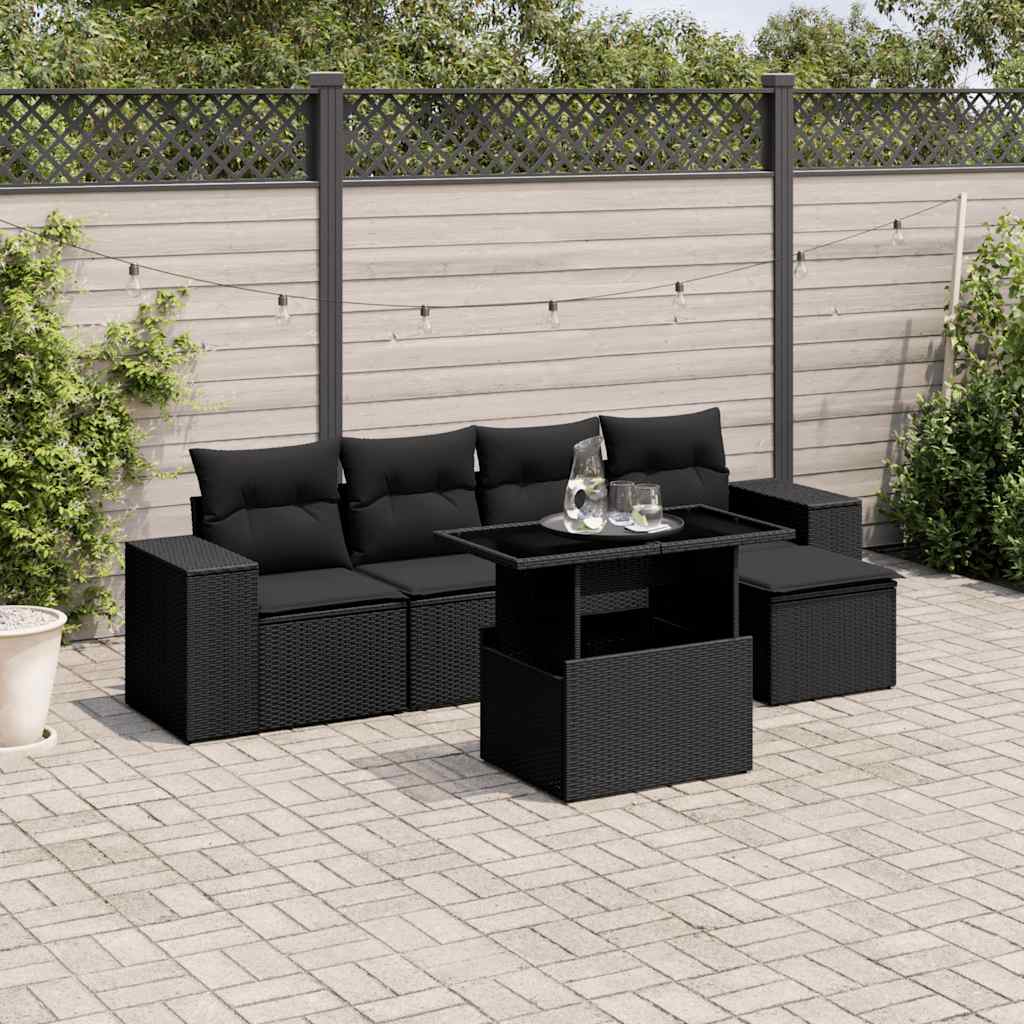 Set Divano da Giardino 6 pz con Cuscini Nero in Polyrattan - homemem39