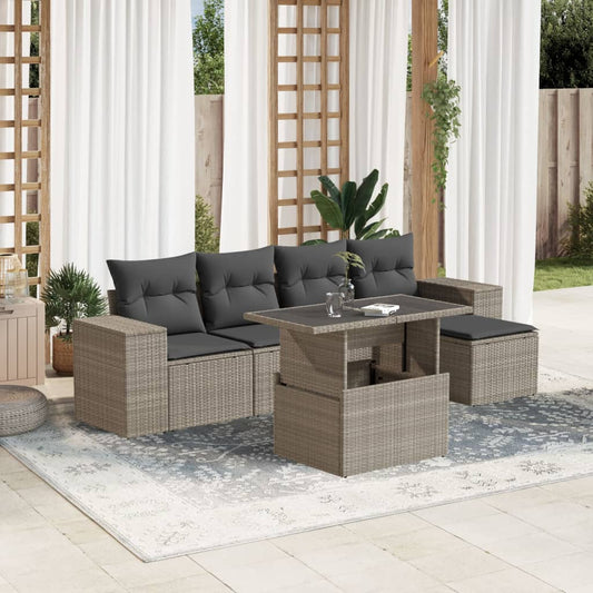 Set Divano da Giardino 6pz con Cuscini Grigio Chiaro Polyrattan