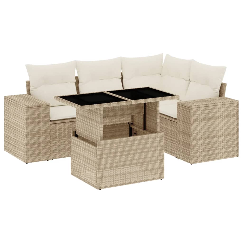 Set Divano da Giardino 5 pz con Cuscini Beige in Polyrattan - homemem39