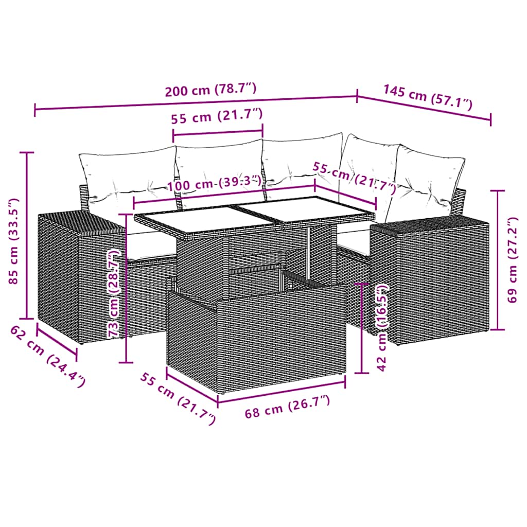 Set Divani da Giardino 5 pz con Cuscini Grigio in Polyrattan | homemem39