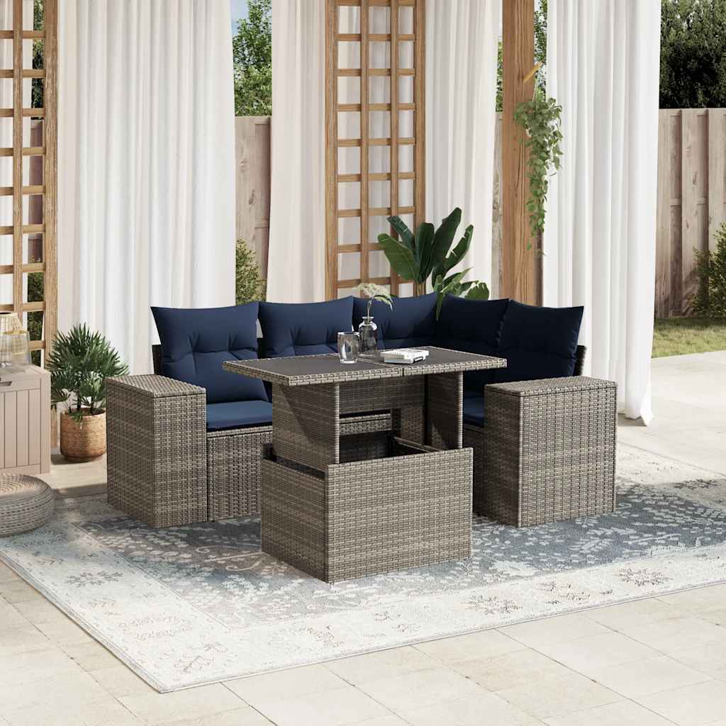 Set Divani da Giardino 5 pz con Cuscini Grigio in Polyrattan | homemem39