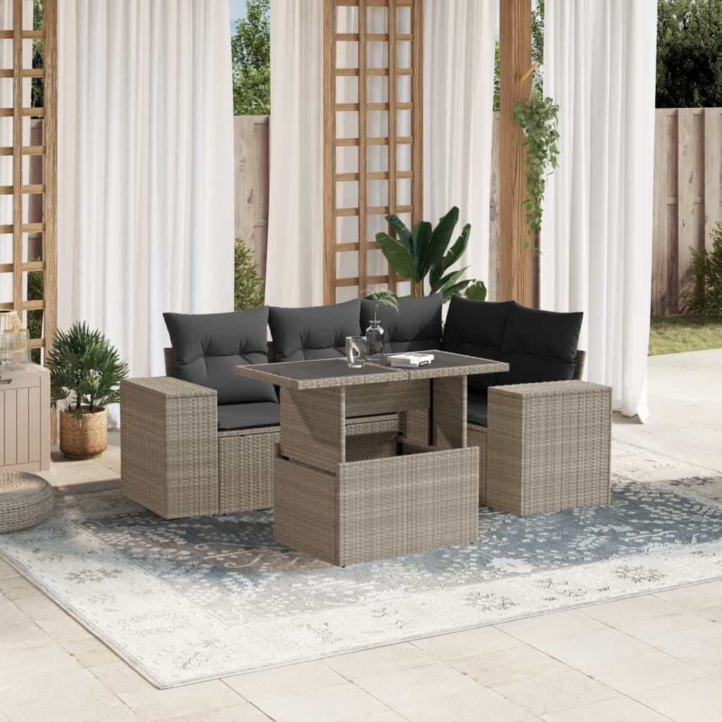 Set Divano da Giardino 5pz con Cuscini Grigio Chiaro Polyrattan | homemem39