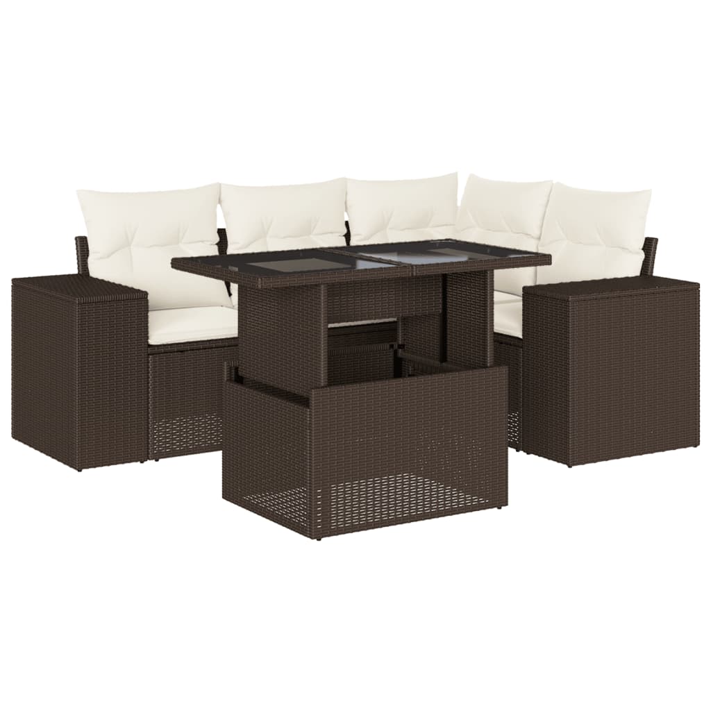 Set Divano da Giardino 5 pz con Cuscini Marrone in Polyrattan | homemem39