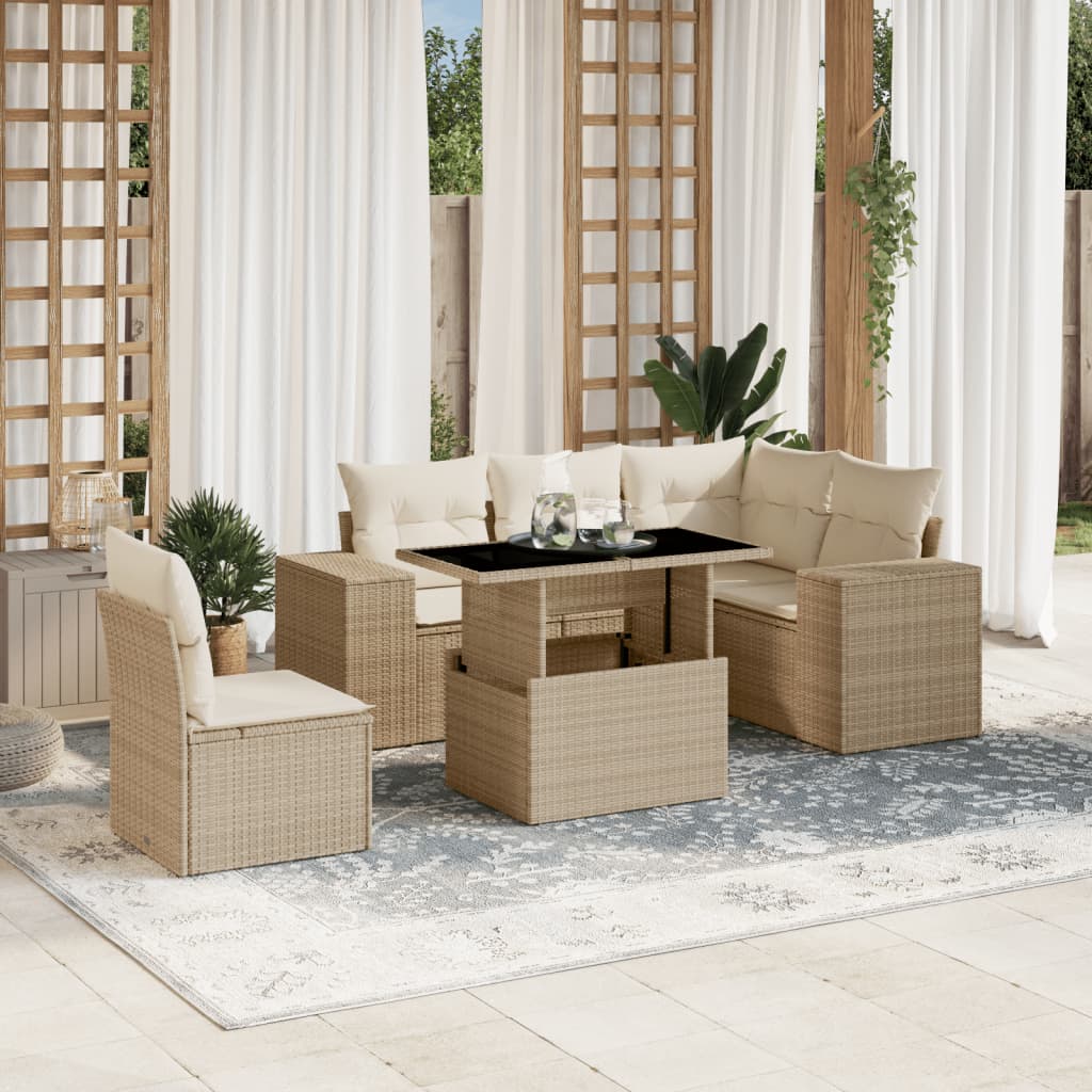 Set Divano da Giardino 6 pz con Cuscini Beige in Polyrattan