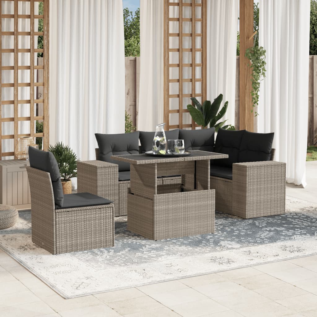 Set Divano da Giardino 6pz con Cuscini Grigio Chiaro Polyrattan | homemem39