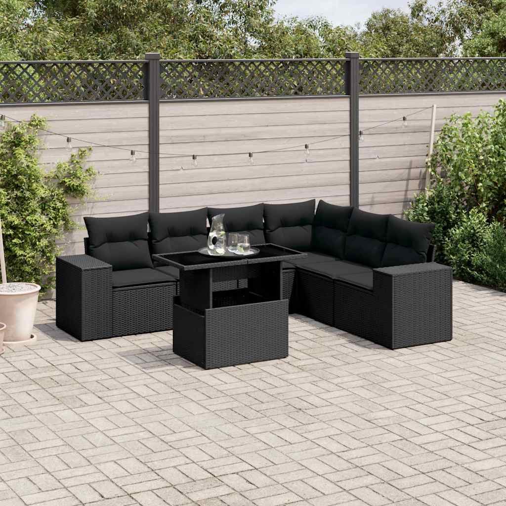 Set Divani da Giardino con Cuscini 7pz Nero Polyrattan | homemem39
