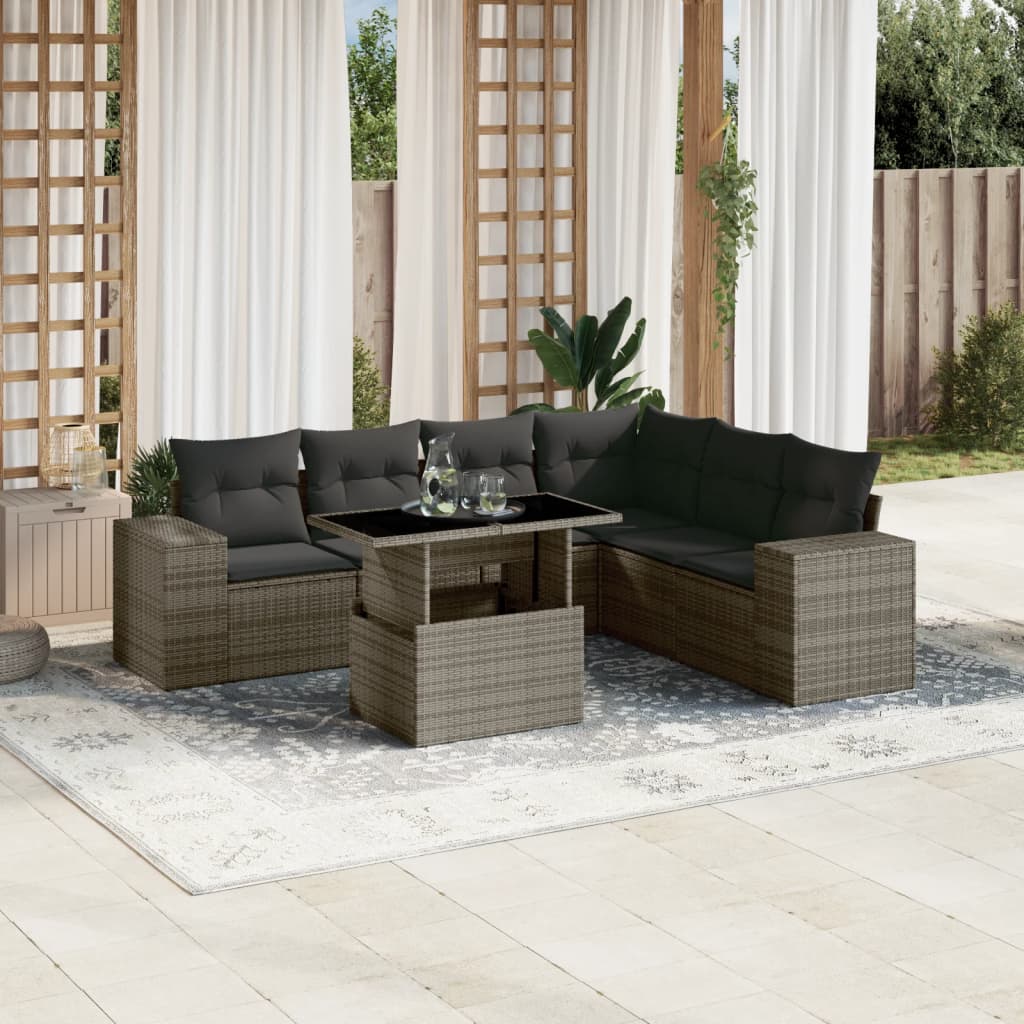 Set Divani da Giardino 7 pz con Cuscini Grigio in Polyrattan | homemem39