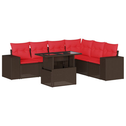 Set Divani da Giardino 7 pz con Cuscini Marrone in Polyrattan