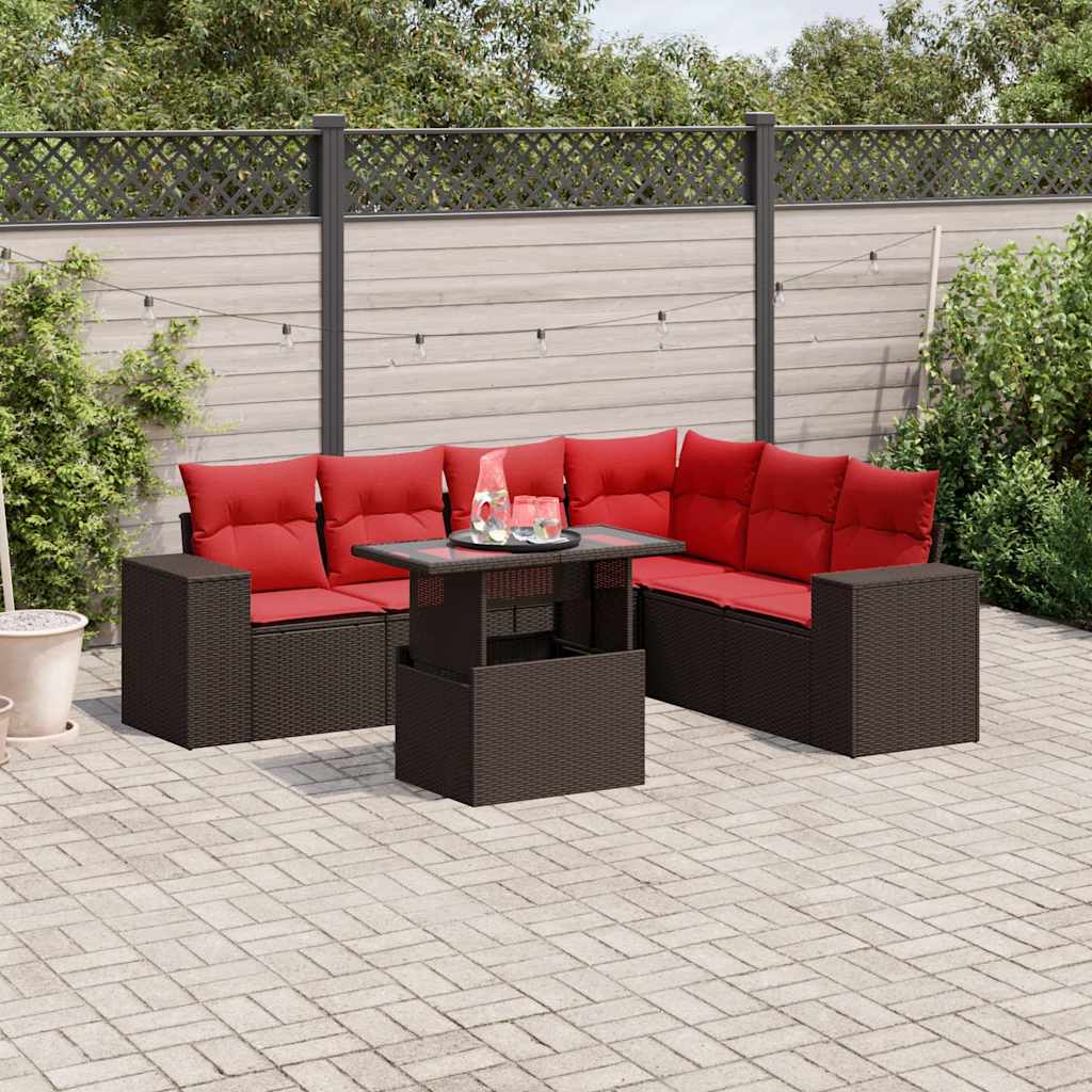 Set Divani da Giardino 7 pz con Cuscini Marrone in Polyrattan