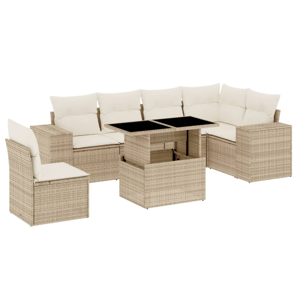 Set Divani da Giardino 7 pz con Cuscini Beige in Polyrattan