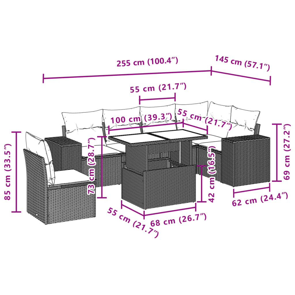 Set Divani da Giardino 7 pz con Cuscini Beige in Polyrattan