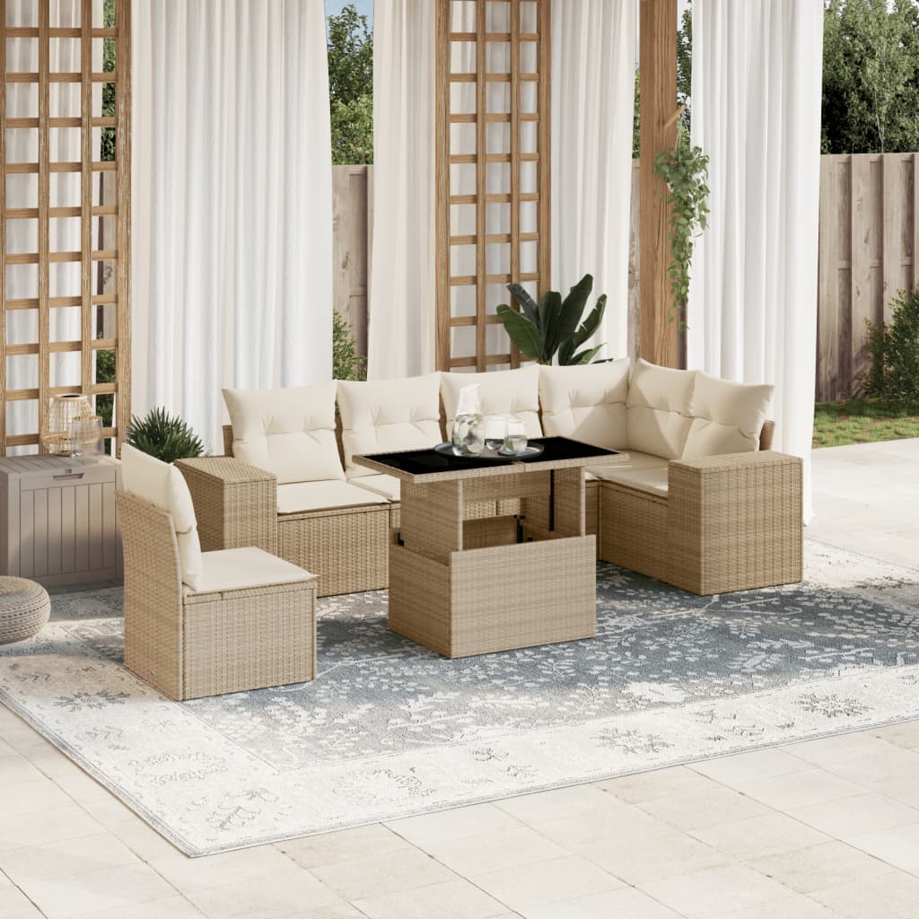 Set Divani da Giardino 7 pz con Cuscini Beige in Polyrattan - homemem39