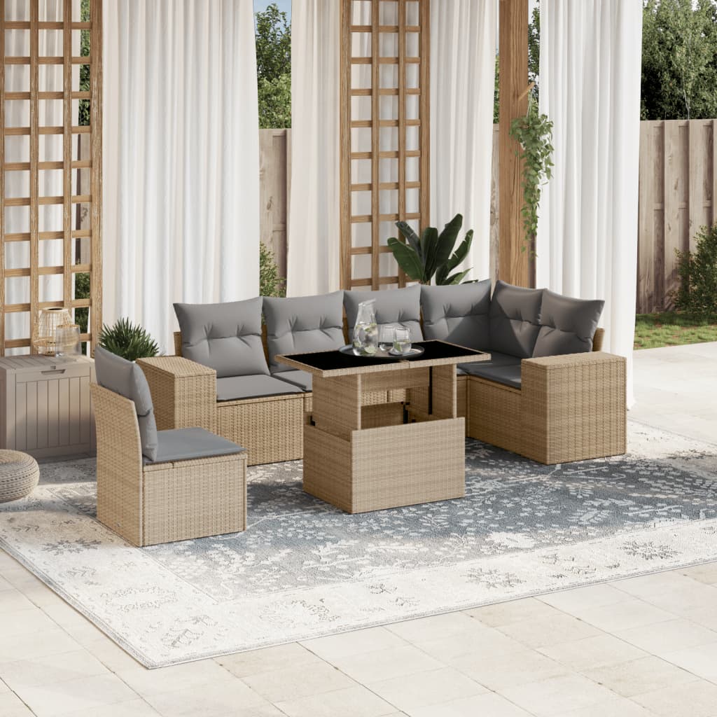 Set Divani da Giardino 7 pz con Cuscini Beige in Polyrattan - homemem39
