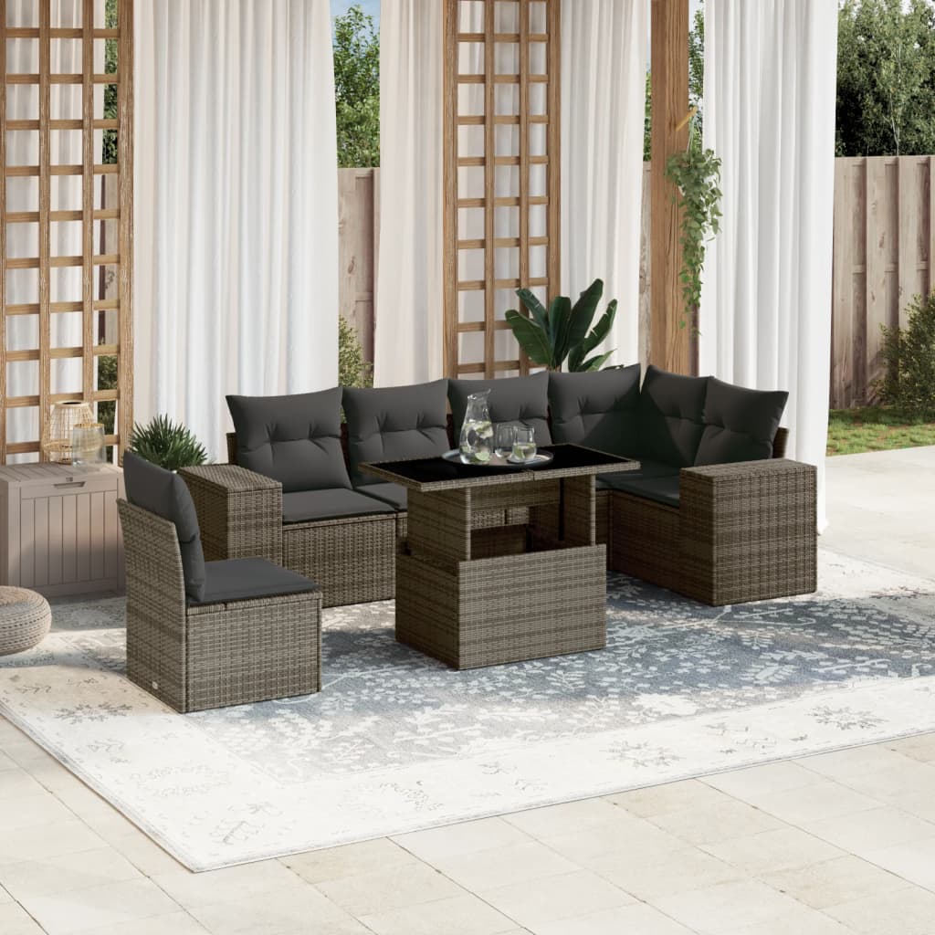 Set Divani da Giardino 7 pz con Cuscini Grigio in Polyrattan | homemem39