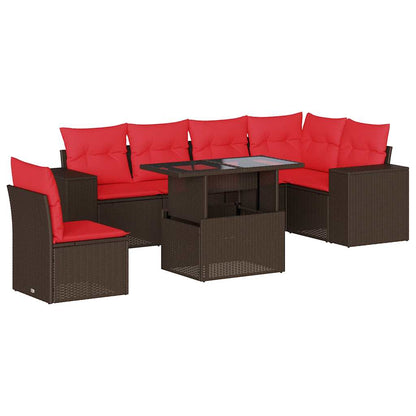 Set Divani da Giardino 7 pz con Cuscini Marrone in Polyrattan