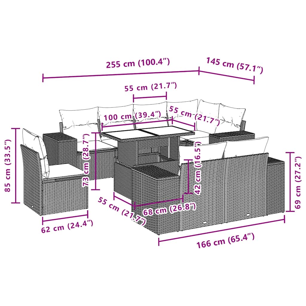 Set Divani da Giardino 9 pz con Cuscini Nero in Polyrattan | homemem39