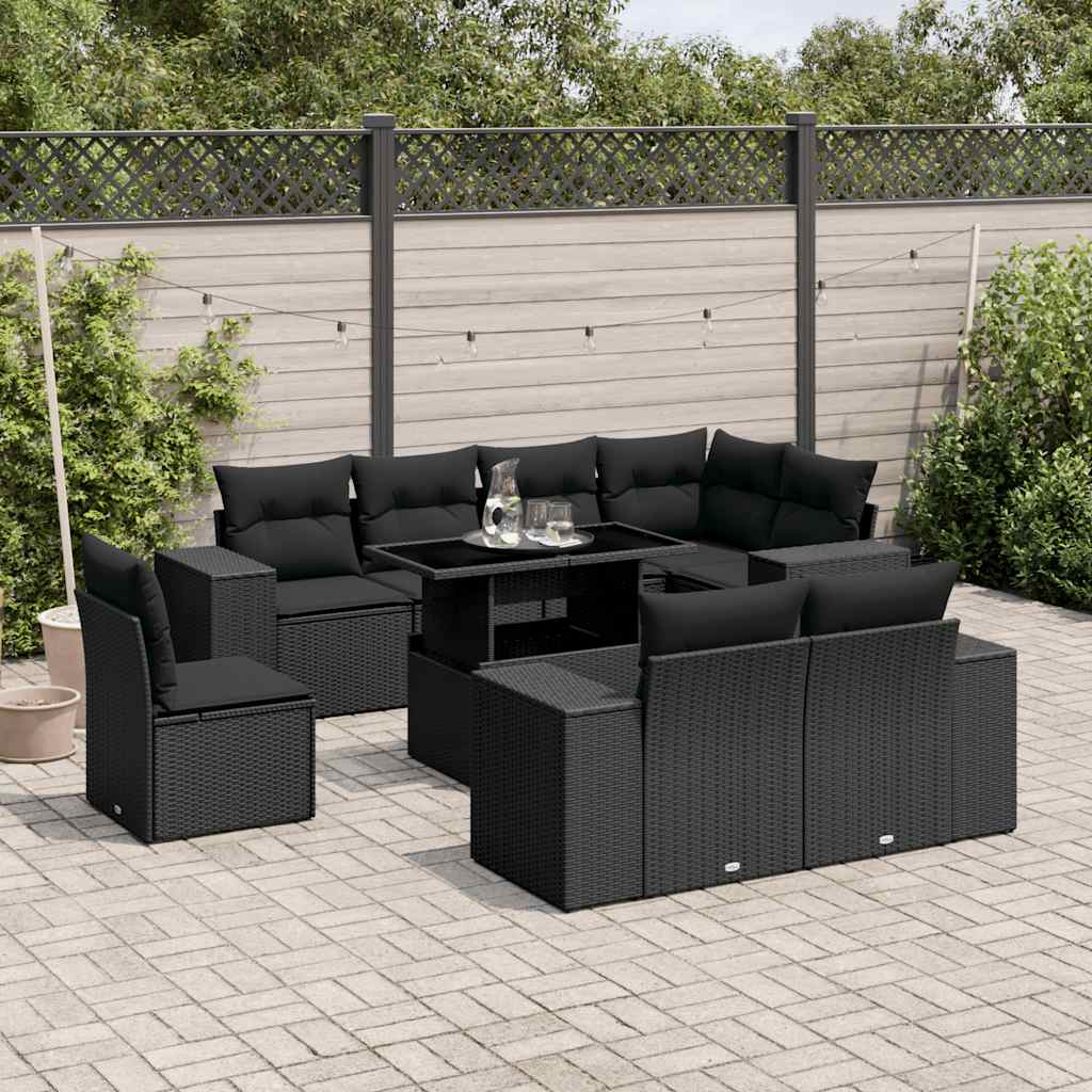 Set Divani da Giardino 9 pz con Cuscini Nero in Polyrattan | homemem39