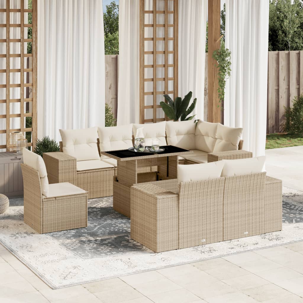 Set Divano da Giardino 9 pz con Cuscini Beige in Polyrattan - homemem39