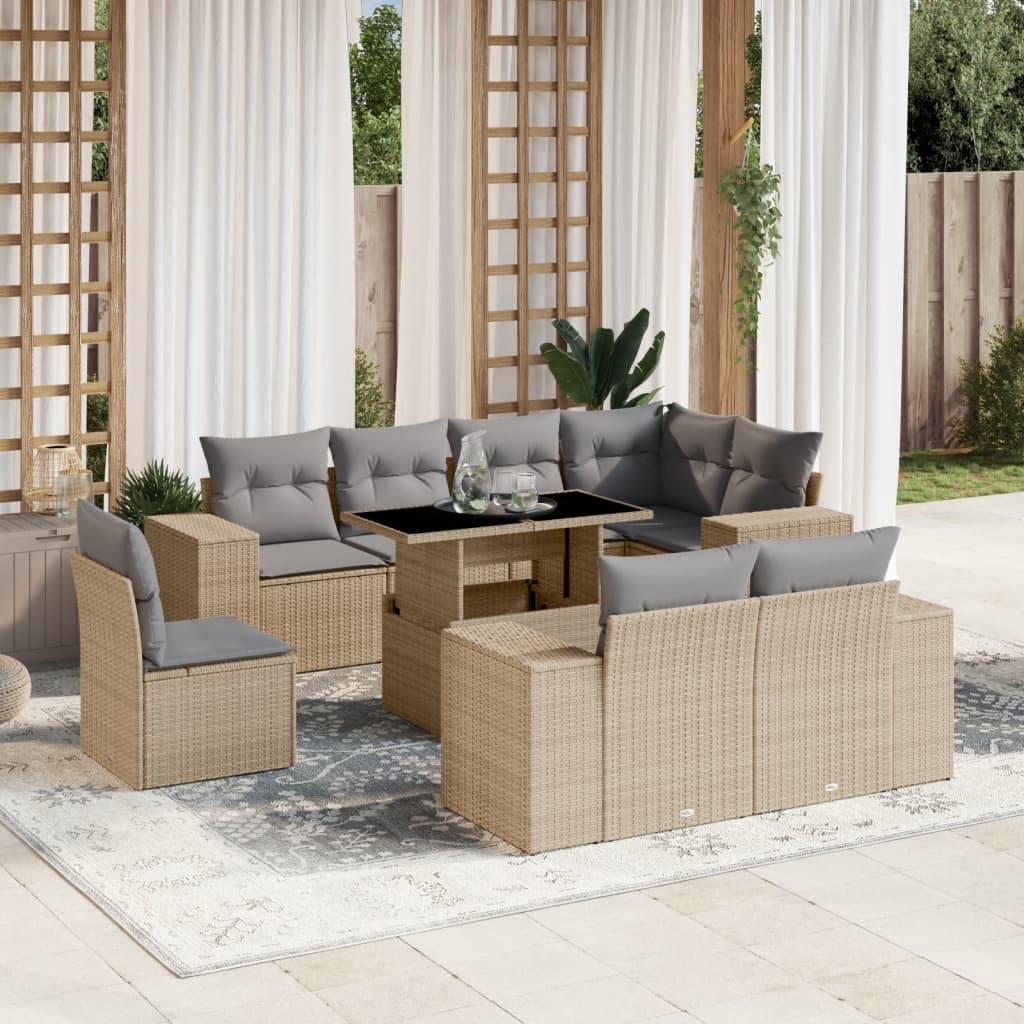 Set Divano da Giardino 9 pz con Cuscini Beige in Polyrattan - homemem39
