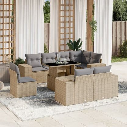 Set Divano da Giardino 9 pz con Cuscini Beige in Polyrattan - homemem39