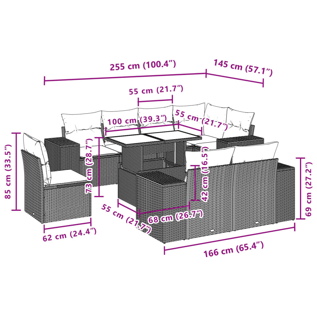 Set Divano da Giardino 9 pz con Cuscini Grigio in Polyrattan | homemem39