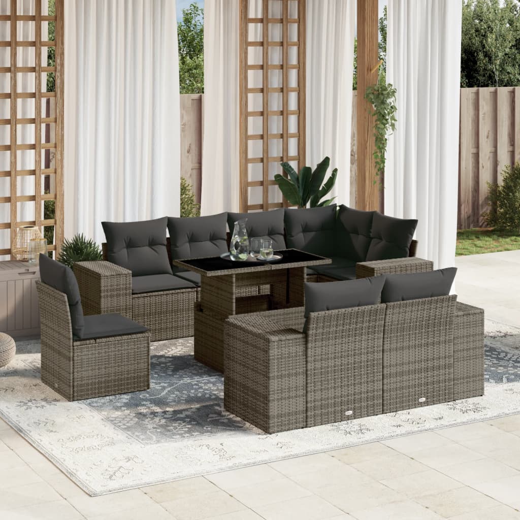 Set Divano da Giardino 9 pz con Cuscini Grigio in Polyrattan | homemem39
