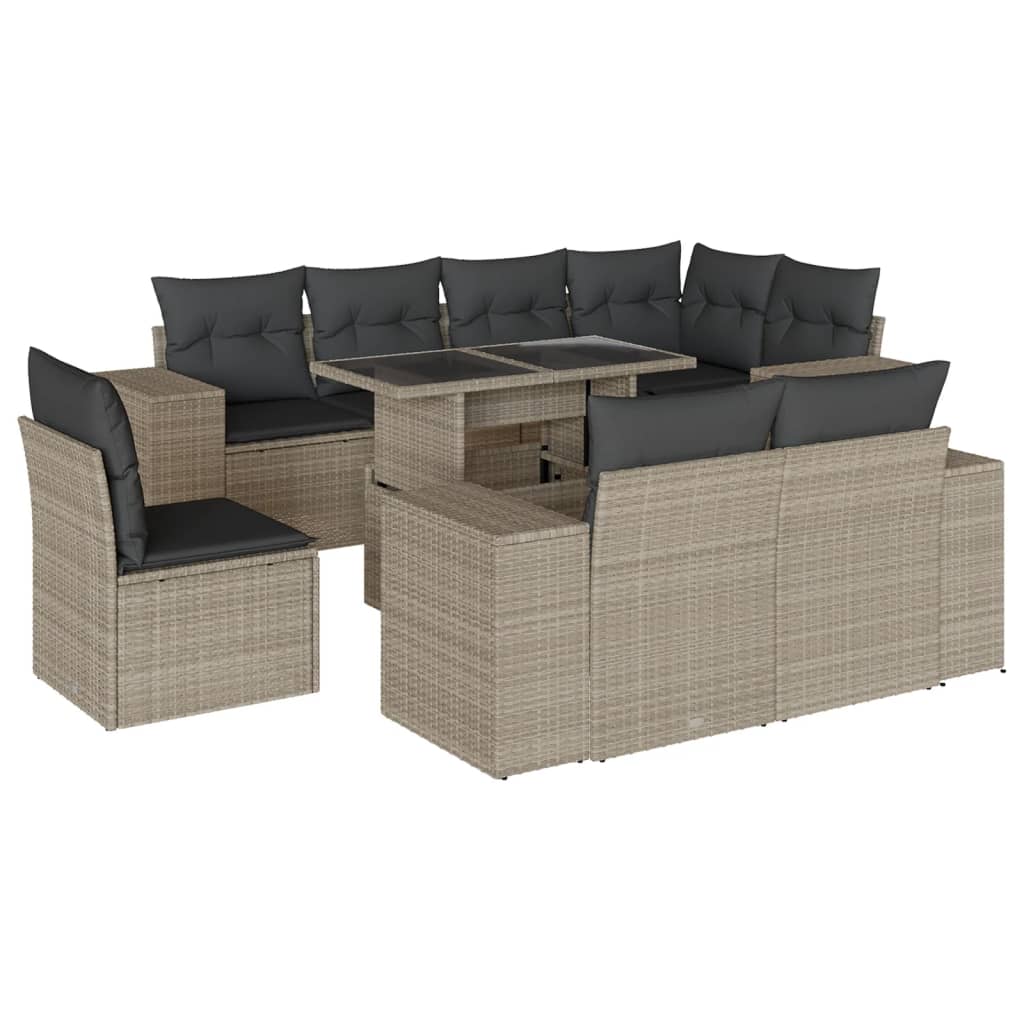 Set Divano da Giardino 9pz con Cuscini Grigio Chiaro Polyrattan | homemem39
