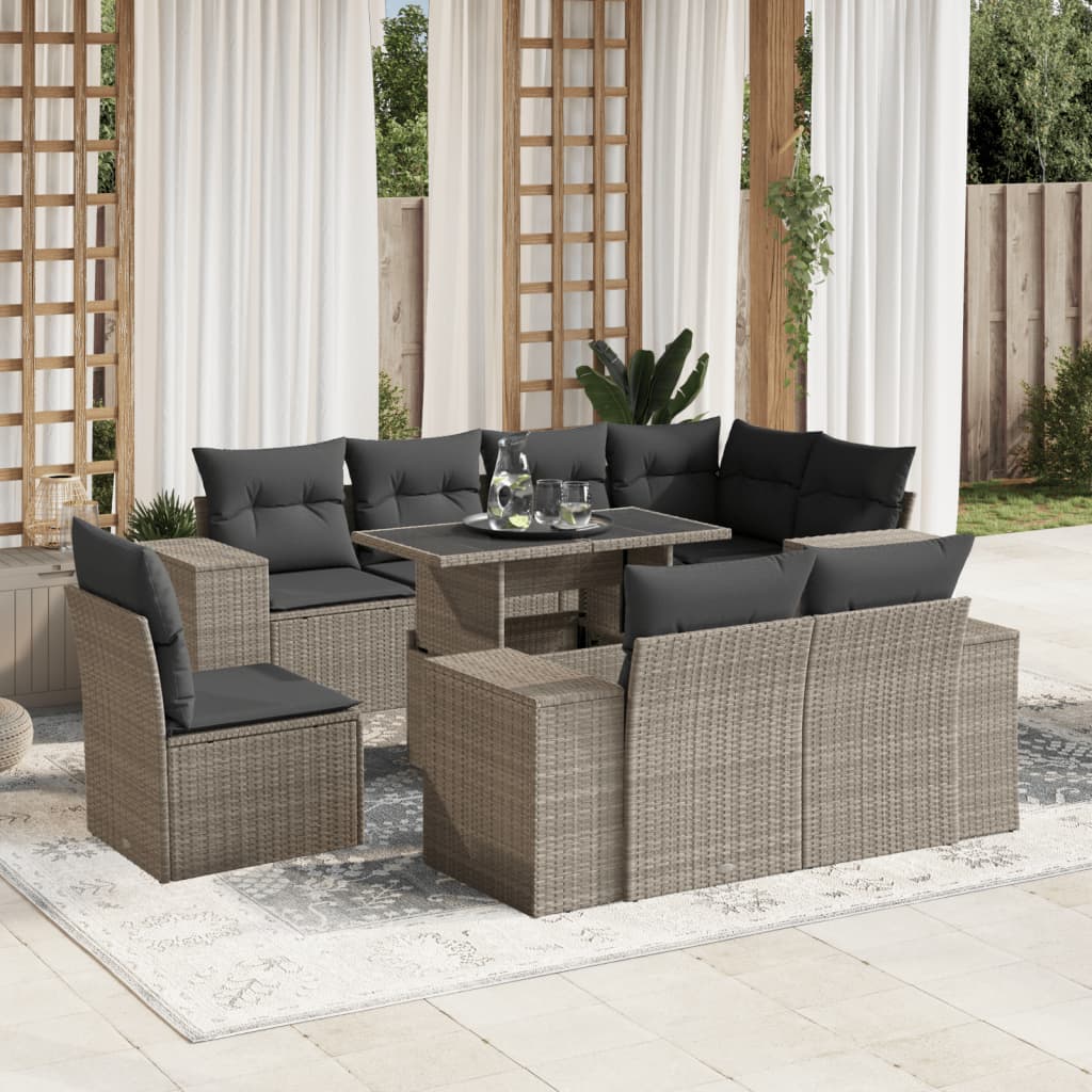 Set Divano da Giardino 9pz con Cuscini Grigio Chiaro Polyrattan - homemem39