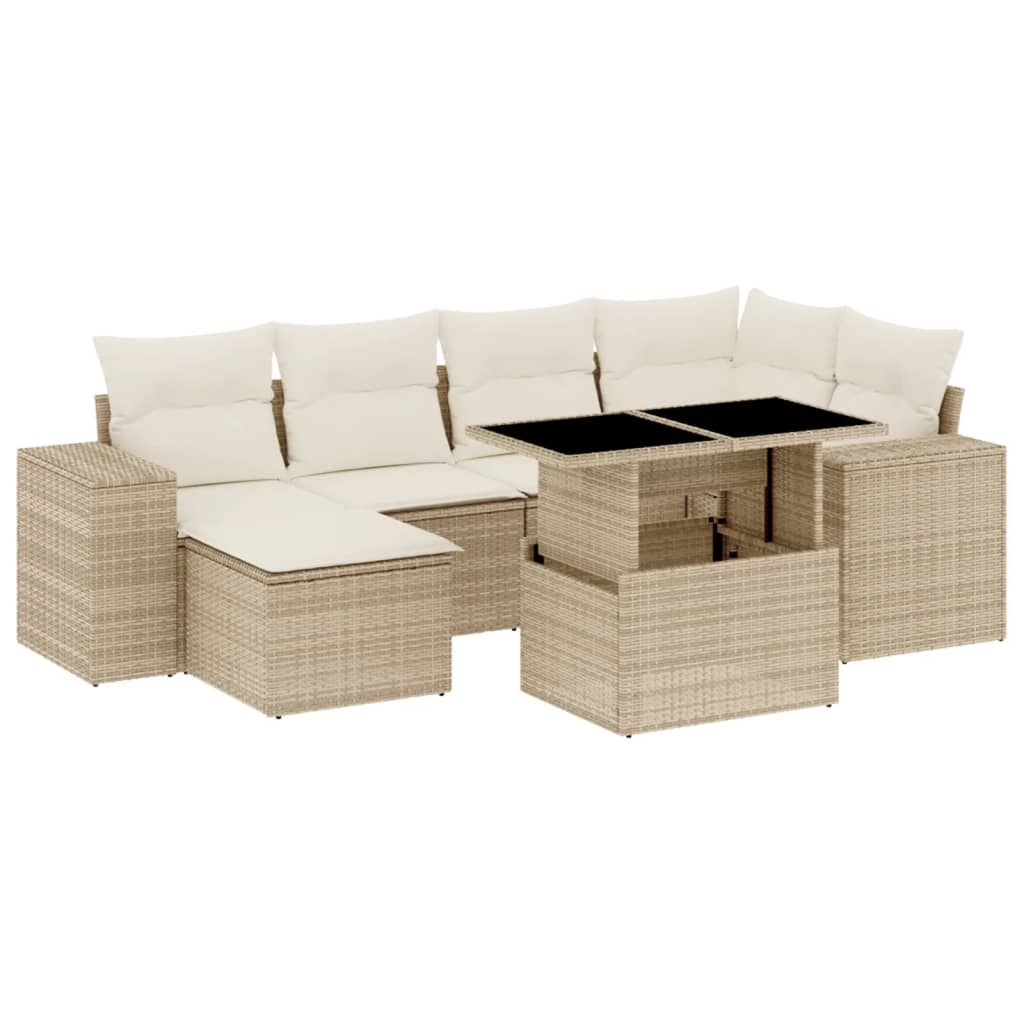 Set Divani da Giardino 7 pz con Cuscini Beige in Polyrattan