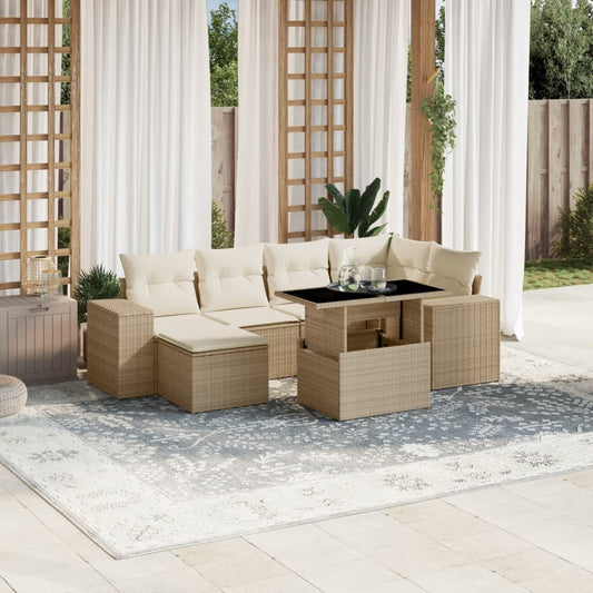 Set Divani da Giardino 7 pz con Cuscini Beige in Polyrattan