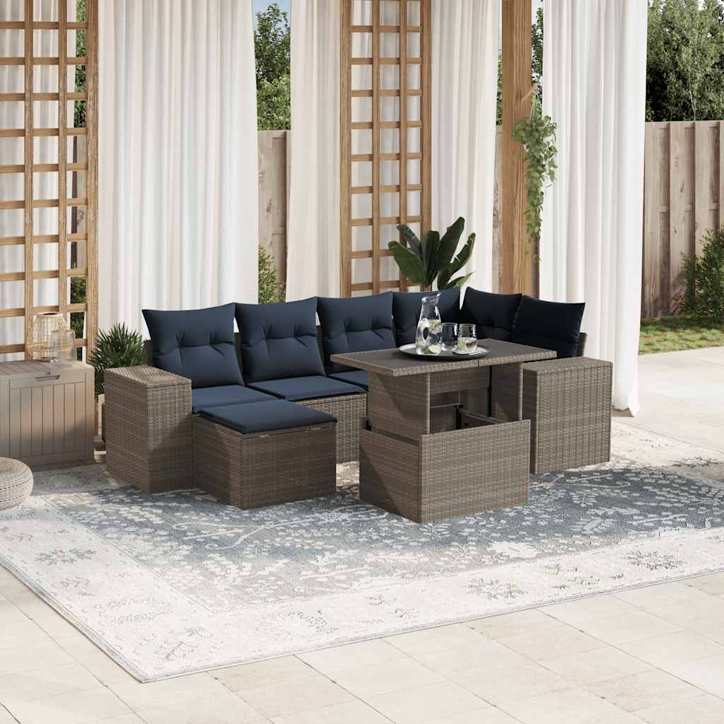 Set Divani da Giardino 7 pz con Cuscini Grigio in Polyrattan | homemem39