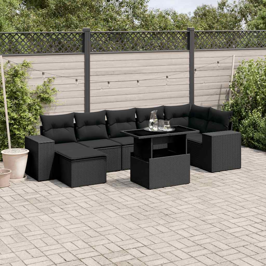 Set Divani da Giardino con Cuscini 8 pz Nero in Polyrattan - homemem39