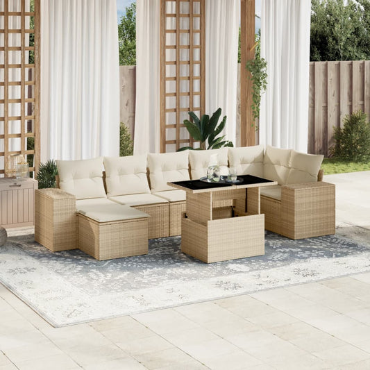 Set Divano da Giardino 8 pz con Cuscini Beige in Polyrattan