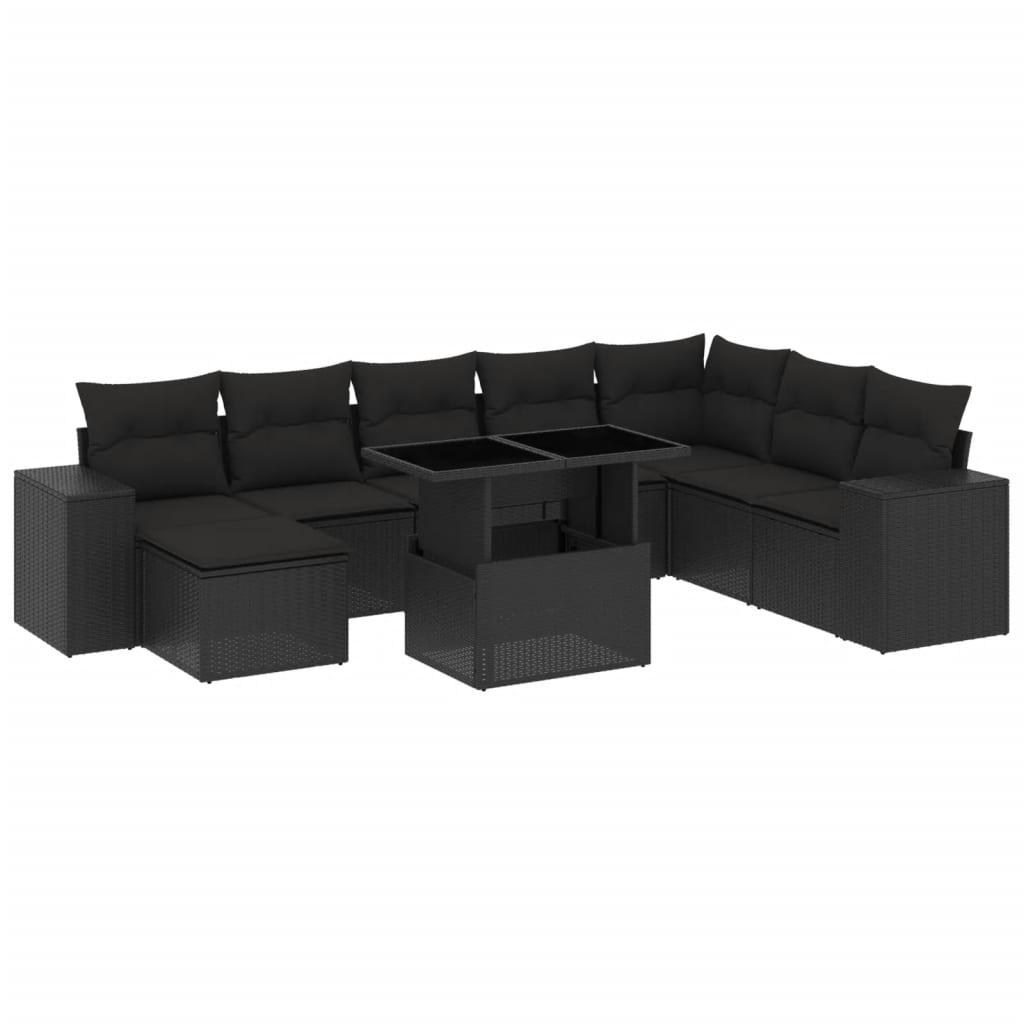 Set Divani da Giardino 9 pz con Cuscini Nero in Polyrattan - homemem39
