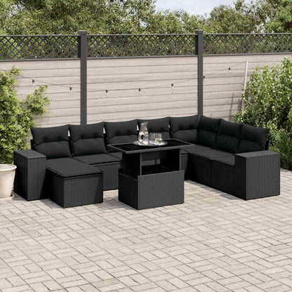 Set Divani da Giardino 9 pz con Cuscini Nero in Polyrattan | homemem39