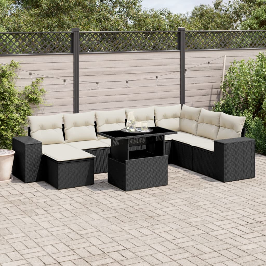 Set Divani da Giardino 9 pz con Cuscini Nero in Polyrattan - homemem39
