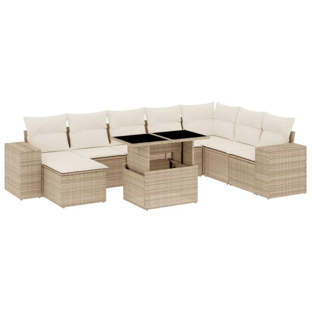 Set Divano da Giardino 9 pz con Cuscini Beige in Polyrattan