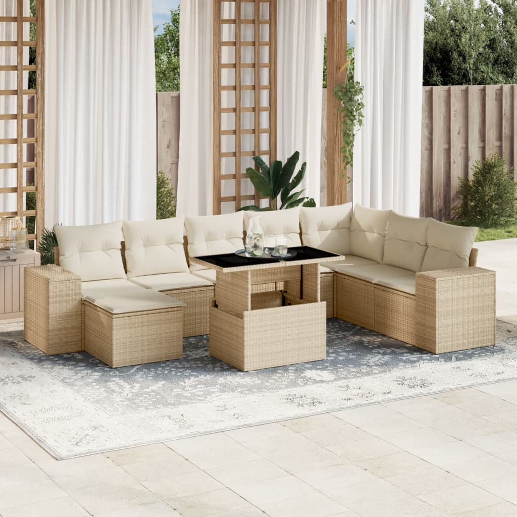 Set Divano da Giardino 9 pz con Cuscini Beige in Polyrattan