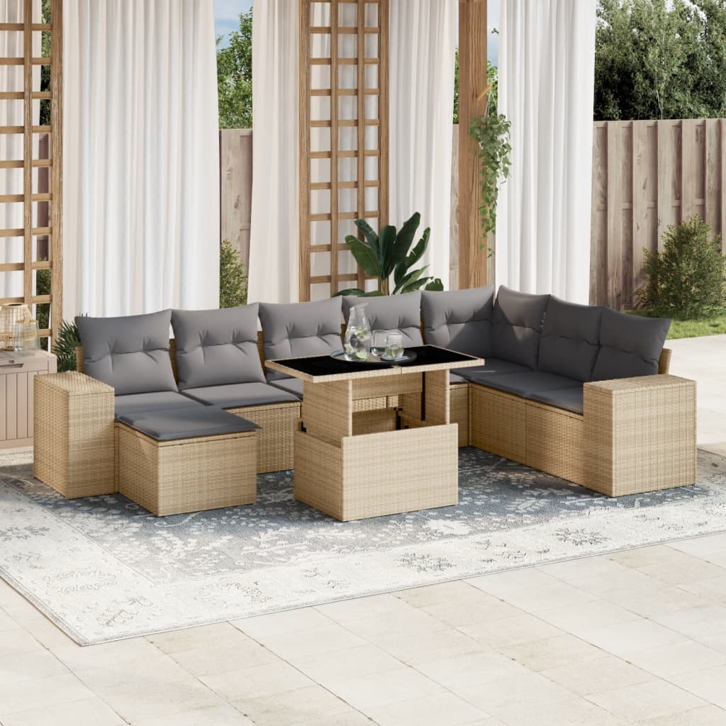 Set Divano da Giardino 9 pz con Cuscini Beige in Polyrattan - homemem39