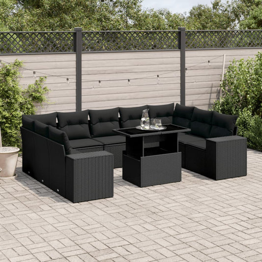 Set Divani da Giardino 10pz con Cuscini in Polyrattan Nero - homemem39