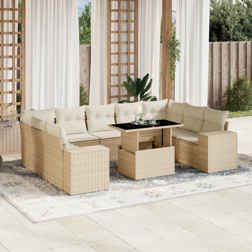 Set Divano da Giardino 10 pz con Cuscini Beige in Polyrattan - homemem39