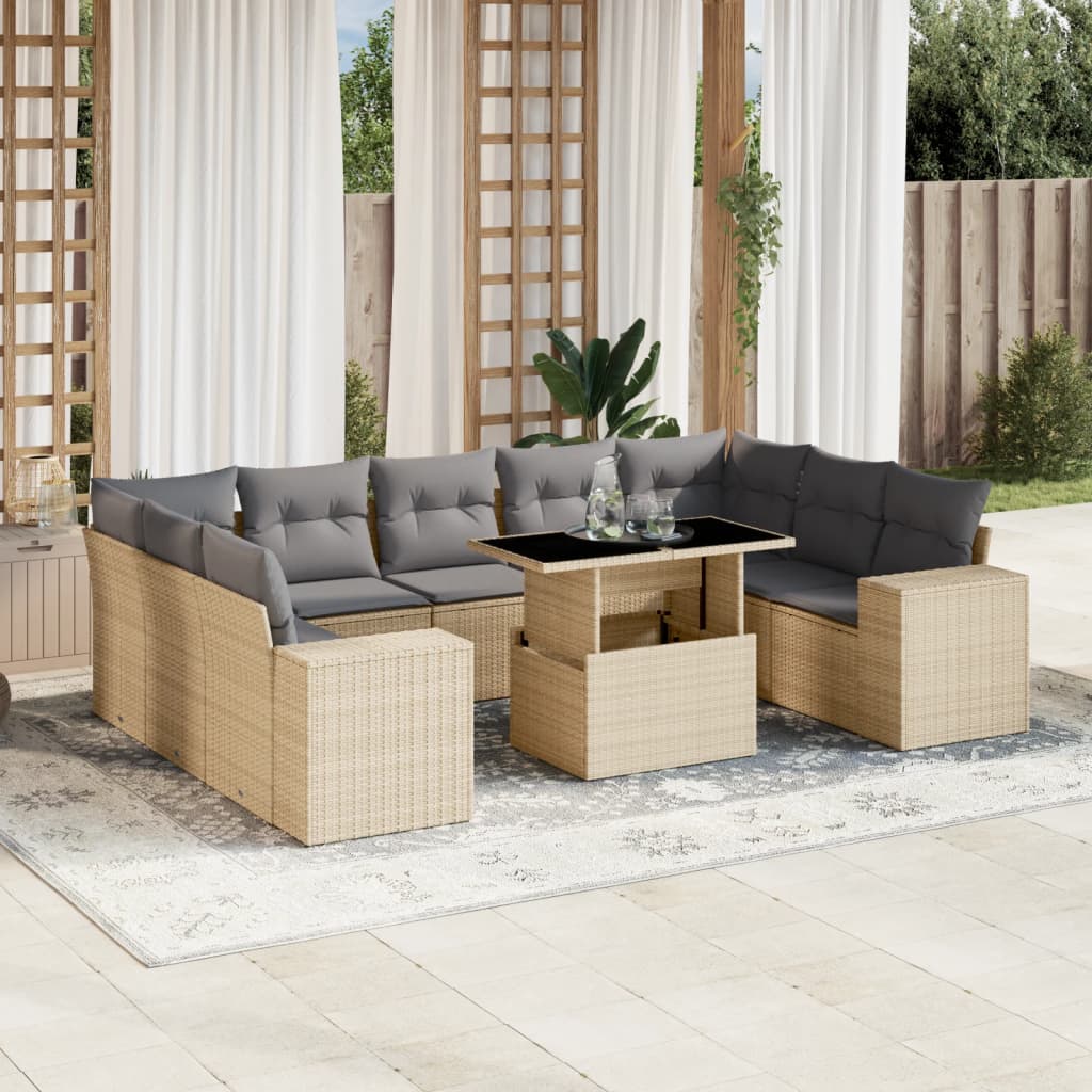 Set Divano da Giardino 10 pz con Cuscini Beige in Polyrattan - homemem39